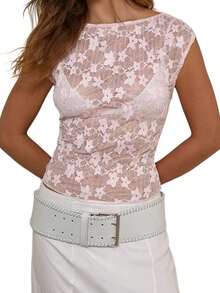 Women's Sheer Lace Tops Cap Sleeve Scoop Neck Solid Color T-Shirts Blouses - 粉色 - 查看 7