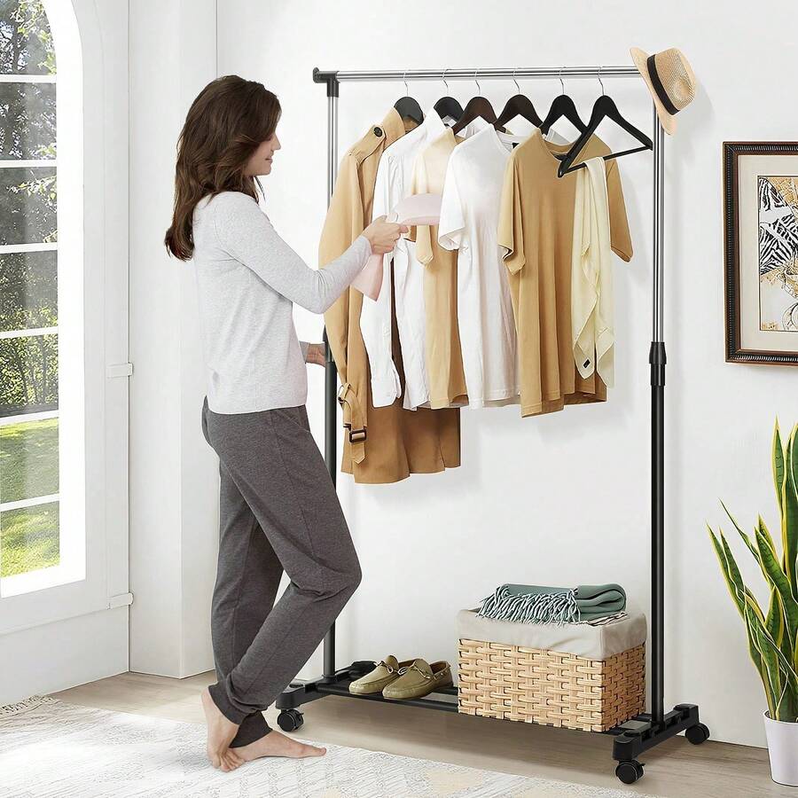 Clothes Rail Adjustable Garment Rack Telescopic Coat Rack Hanging Rail Clothes Stand With Shoe Shelf And Casters Clothing Rack For Small Place Organiser Shelf Bedroom Clothing Rack - Single Rail-Upgrade cross - View 1