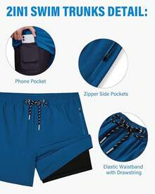 Mens Swim Trunks With Compression Lined Short Bathing Suits For Men 5 Inch Inseam Liner Men's Swimming Trunk - Zipper Blue - View 6