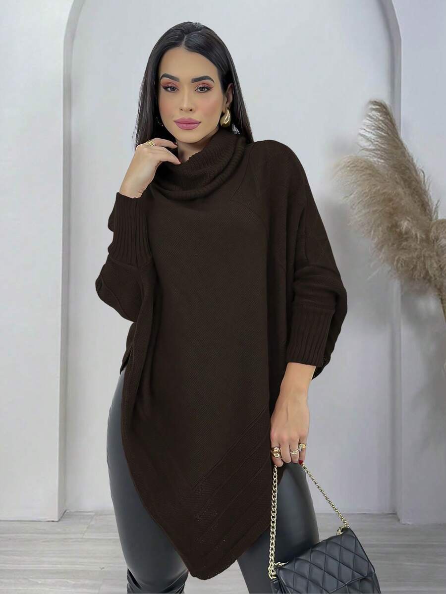 Swisz Women's Winter Poncho Knit Long Sleeve V-Neck Sweater With Scarf - 咖啡棕 - 查看 1