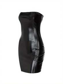 Women Sexy Tube Top Dress Sleeveless Backless Slim Elastic PU Leather Black Mini Dress Hip Tee Skirt