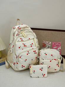 Set de 3 mochilas ligeras de nailon sólido con estampado de fresa, lazo y cereza, y cierres plegados. Mochila plegable de gran capacidad y múltiples bolsillos, adecuada para mujeres, estudiantes universitarias, uso diario, escuela, compras y viajes. - Beis - Ver 4