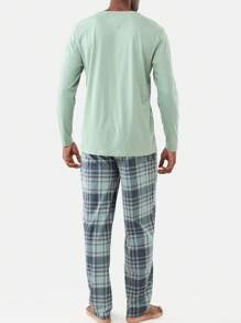 2pcs Men Sleepwear Set, Cartoon Letter Printed Long Sleeve Top And Plaid Printed Bottoms, Casual And Comfortable Loungewear Suit For Spring And Autumn