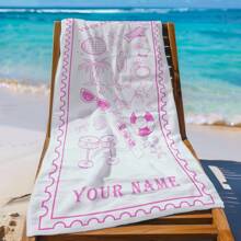 حوله شاطئ ناعمة جداً قابلة للتخصيص قياس كبير ، خفيفة الوزن ، سريعة الجفاف ، مناسبة للسباحة والتخييم والنزهة - مطبوعة باسمك - باللون الأبيض والوردي مع رسومات إكسسوارات الشاطئ