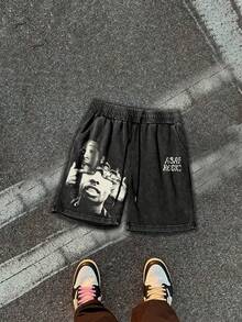 Pantalones cortos casuales de verano para hombres con estampado de copos de nieve - Negro - Ver 1