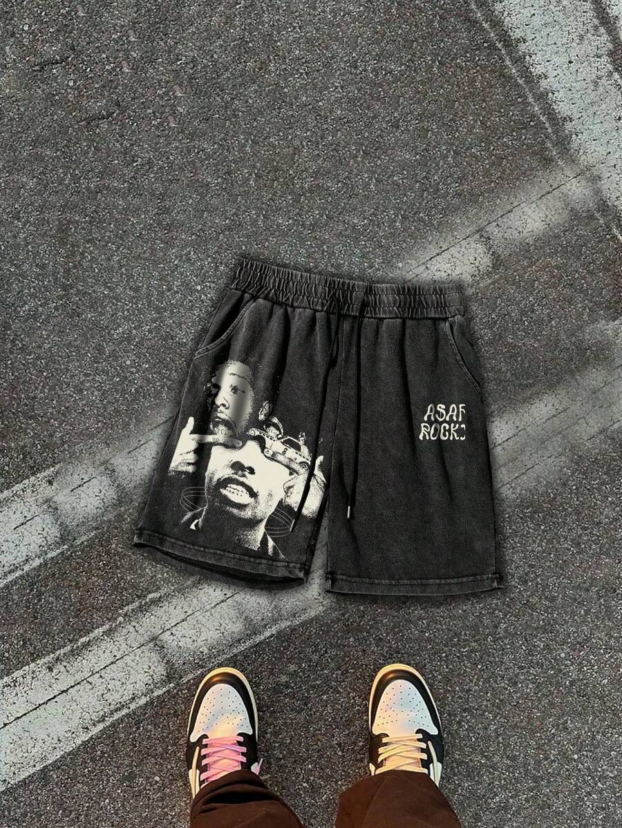 Pantalones cortos casuales de verano para hombres con estampado de copos de nieve - Negro - Ver 1