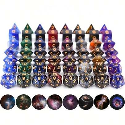 7颗星空双色骰子套装 - 卡通梦幻风格，适合桌面游戏互动。骰子套装，桌面游戏配件，减压玩具 - 56颗星系风格骰子套装，包含D4、D6、D8、D10、D12、D12、D20多面骰子，适合TRPG桌游，创意游戏骰子，游戏礼物！2025游戏玩家必备！生日礼物、圣诞礼物、万圣节礼物、完美礼物、文具、减压球