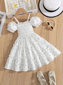 Vestido corto con estampado floral, tirantes descubiertos, mangas cortas y dobladillo con volantes, para niña, uso casual diario/al aire libre en verano