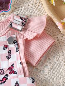 2pcs/Set Baby Girl Cute Short Sleeve Romper + Suspender Shorts Set, Lightweight Summer Outfit - Pink - View 6