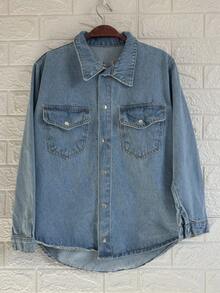 Famininas Drop Shoulder Denim Jacket - 中等水洗藍8274 - 查看 1