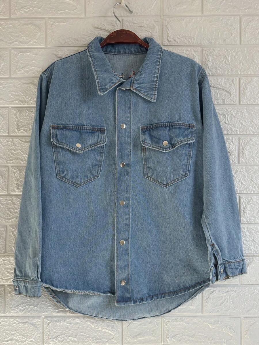 Famininas Drop Shoulder Denim Jacket - 中等水洗藍8274 - 查看 1