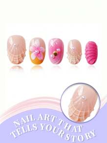 24 PIEZAS Uñas postizas ovaladas cortas en tonos nude rosa y naranja ombré con decoraciones de concha 3D, margarita y perla - Kit de puntas de uñas falsas de calidad de salón reutilizables con pestañas adhesivas y lima mini para uso diario, fiestas de playa y celebraciones de mujeres