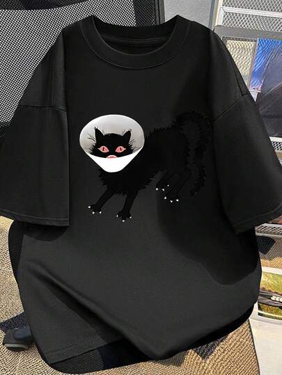 Camiseta Casual de Algodón para Hombre con Impresión Creativa de Gato Negro, Cuello Redondo, Manga Corta, Transpirable y Ligeramente Elástica, Ropa de Calle de Verano, Ajuste Unisex - 100% Algodón, Tejido de Punto de 200g/m²