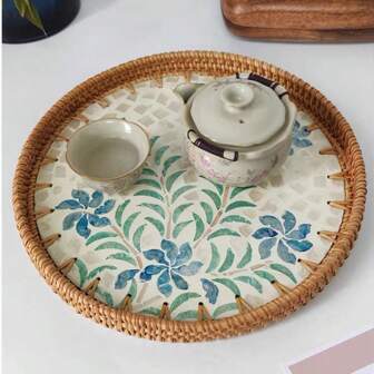 1 stuk 11,81/13,77 inch geweven serveerschaal met schelpen, decoratieve opbergmand, creatieve snack- of fruitschaal