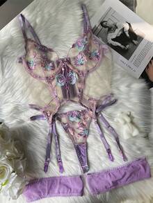 女士性感内衣套装，优雅蕾丝女士紧身胸衣泰迪内衣 3 件套，带吊袜带，Rave - 紫色 - 查看 3