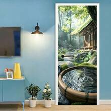 1 套/2 件自粘防水防污门贴纸 - 充满活力的花园风景，瀑布、苔藓和传统房屋，可移除壁画，适用于客厅或入口，花园墙艺术门贴花 - 彩色 - 查看 4