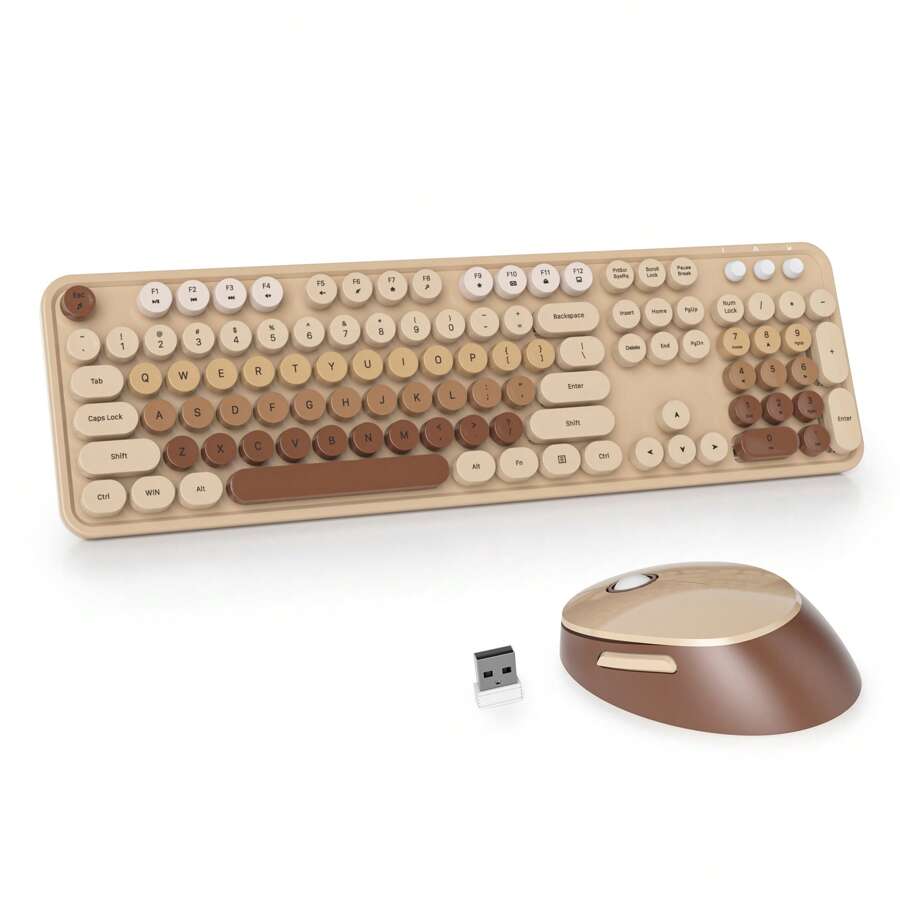 Wireless Keyboard And Mouse Set, Cute Keyboard And Mouse Combo, Full Size Typewriter Keyboard With Number Pad, Colorful Keyboard With Round Keycaps For Windows PC Laptop