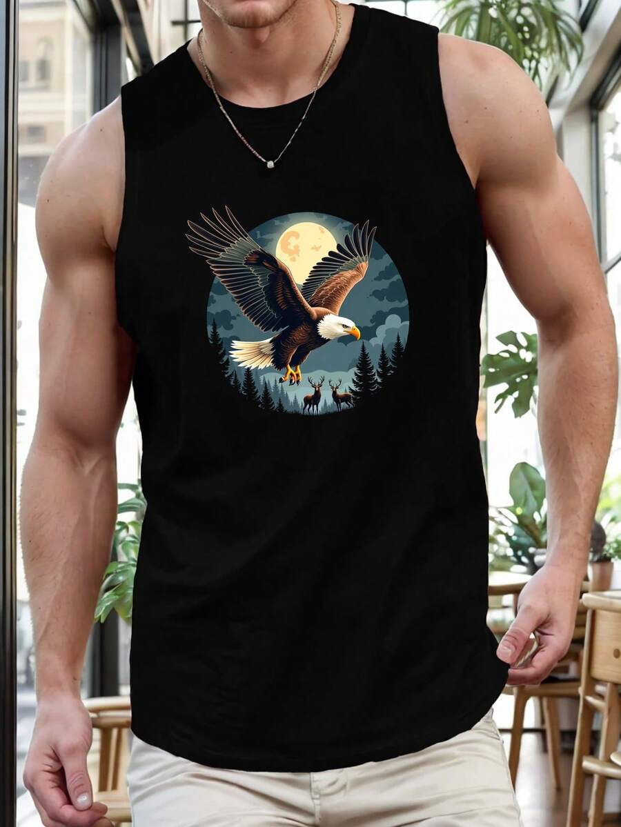 [Men's Casual Polyester Tank Top] 1pc Men'S Casual Sleeveless Tank Top, Eagle And Moon Graphic Print, Polyester Stretch Fabric, Round Neck, Regular Fit, Summer Season, Adult - Black & Navy Options - Black - View 1