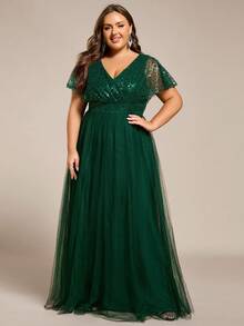EVERPRETTY Sheer Contrast Sequin V-Neck Short Sleeve High Waist Green Evening Dress, Formal Autumn Gala Dress - Dark Green - View 5