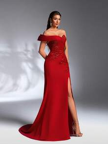 IBTRLY Elegantes Abendkleid mit dehnbarem Stoff, Herzausschnitt, Pailletten und seitlichem hohem Schlitz für Partys, Hochzeiten und Silvester (Größe fällt groß aus, Kunden werden empfohlen, die Größentabelle beim Bestellen zu prüfen) - Bordeaux - Übersicht 5