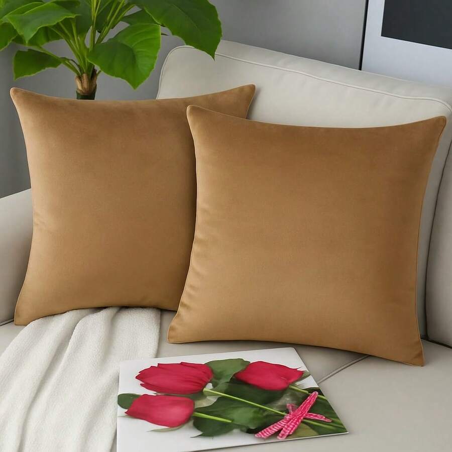 Kit Of 4 Cushion Covers 45x45 Suede Smooth Velvet Premium With Invisible Zipper Decorative - Dark Beige - View 1