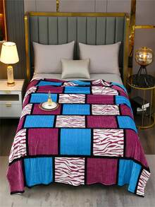 1 pieza Manta de felpa a cuadros y rayas, manta suave y cálida para cama, sofá, siesta en la oficina, aire acondicionado - Azul - Ver 1