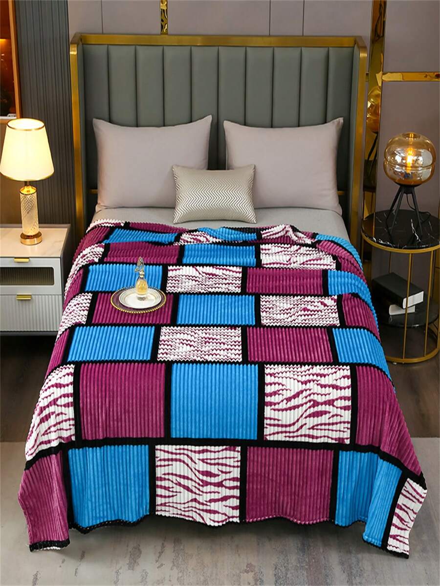 1 pieza Manta de felpa a cuadros y rayas, manta suave y cálida para cama, sofá, siesta en la oficina, aire acondicionado - Azul - Ver 1