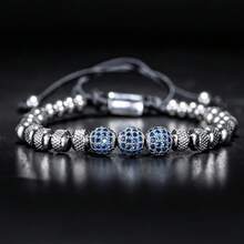 Luxury Men's Bracelet With 6mm Blue Cubic Zirconia Microbeads, Stainless Steel Round Beads Friendship Bracelet - Bạc - Xem 2