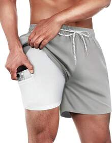 Mens Swim Trunks With Compression Lined Short Bathing Suits For Men 5 Inch Inseam Liner Men's Swimming Trunk - Light Grey - View 1