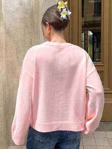 FOR BEAUTY PETITE Autumn And Winter New Women's Round Neck Pink Knitted Sweater Long Sleeved Women's Loose Top, French Romantic Elegant Sweet Simple Slouchy Style Suitable For Daily Go Out Dating Commuting Sweater Pullover ,Women's Clothing ChicAutumn Halloween