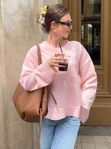 FOR BEAUTY PETITE Autumn And Winter New Women's Round Neck Pink Knitted Sweater Long Sleeved Women's Loose Top, French Romantic Elegant Sweet Simple Slouchy Style Suitable For Daily Go Out Dating Commuting Sweater Pullover ,Women's Clothing ChicAutumn Halloween