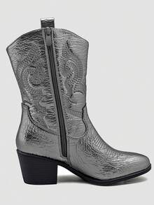 GLOBALWIN Women's Mid Calf The Western Cowgirl Boots Fashion Cowboy Boots For Women Chunky Low Heel Fall Boots Halloween Season - 暗銀 - 查看 6