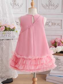 Vestido para niñas, vestido de verano, Vestido rosa de malla de moda para chicas, Vestir de princesa con decoración de dobladillo de encaje + Decoración de cordón, Incluye bolso, Vestimenta de fiesta para exteriores, vacaciones, viajes