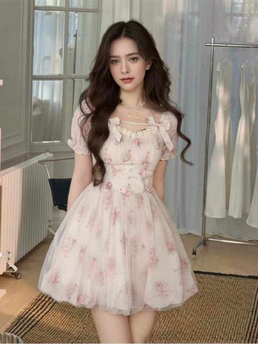 夏秋女士花卉印花网眼连衣裙甜美泡泡袖返校花蕾连衣裙生日派对音乐会服装女士返校节迷你连衣裙 - 查看 1