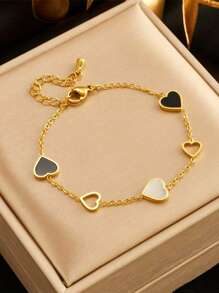 1 Stück elegantes Edelstahl-Armband, schwarz & weiß herzförmig, mit Harz-Einlage, modischer Schmuck für Damen, Geschenk für den täglichen Gebrauch und besondere Anlässe