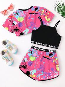 3 Pcs/Set Girls Casual Basic Fashion Outfit: Round Neck Printed Short Sleeve Top + Solid Color Camisole + Printed Shorts, Children Summer Outdoor Activity Party Clothing - Multicolor - View 2
