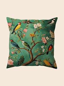 1 buah Sarung Bantal Beludru Lembut Motif Burung Hijau Gaya Cina - Ukuran 17,7*17,7 Inci, Cetak Satu Sisi, Penutup Resleting - Cocok untuk Sofa dan Dekorasi Rumah - Tanpa Bordir - Hijau - View 7