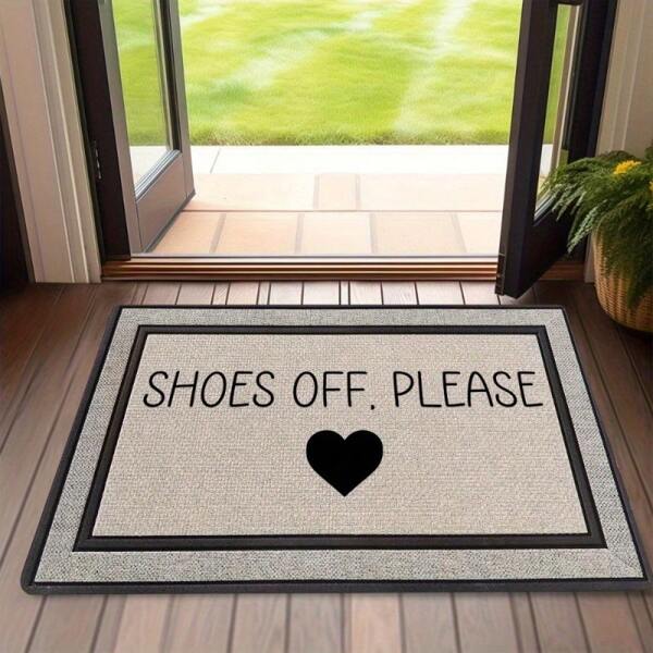 Washable "Please Take Off Your Shoes" Welcome Mat - Charming Heart Design, Durable Polyester, Ideal For Entryways, Patios, Porches & Farmhouse Decor, Shoe Mat For Entryway