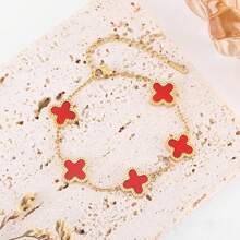 Pulseira de aço inoxidável com quatro flores, elegante e minimalista, com novo design, dupla face, madrepérola, quatro folhas, flor, titânio, 1 peça