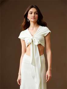Vestido amarre frente mujer dama diseño elegante manga corta escote en V falda larga corte fluido ideal eventos especiales look sofisticado llamativo - Blanco - Ver 2