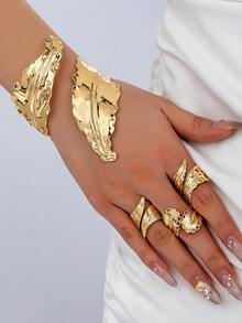 1pc Leaf-Shaped Metal Bracelet + 1pc Adjustable Ring, Exaggerated Fashion Style Suitable For Women Wear And Gift - Golden Leaves Set - View 12