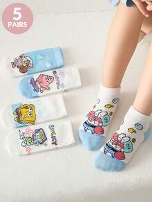 SPONGEBOB 海绵宝宝 5 双儿童短袜趣味新奇卡通海绵宝宝夏季透气吸湿印花袜儿童吸湿排汗适合日常旅行上学穿低帮短袜学生船袜