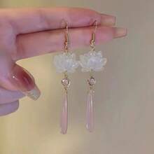 1 Pair New Chinese Style Lotus Flower Cat Eye Stone Teardrop Dangle Earrings, Suit For Women To Wear Daily With Hanfu - Pink - View 9