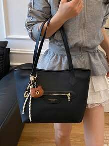 1 pezzo Borsa a tracolla tote di grande capacità, minimalista, borsa da scuola/viaggio casual con cerniera e decorazione a pendente a cartone animato