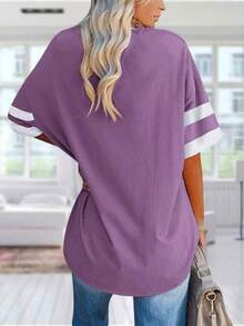 Womens Oversized Tees Loose T Shirts Half Sleeve Crew Neck Color Block Cotton Tunic Tops - Màu tím - Xem 2