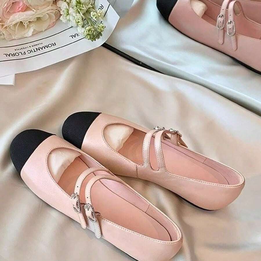2025 Spring And Summer New Colorblock Diamond Buckle Mary Jane Ballet Shoes - Pearlescent Powder - View 1