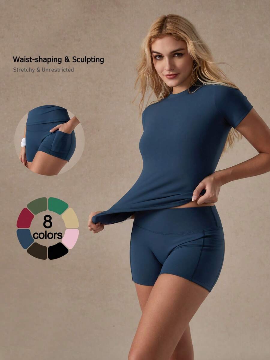 NcmRyu Conjunto de camiseta de manga corta y shorts para baile y deporte casual para mujer, primavera/verano - Azul Marino - Ver 1