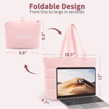 Bolso de tote esponjoso para mujeres, bolso de tote acolchado para viaje que cabe una computadora portátil de 15.6 pulgadas, bolso de nailon para trabajo para enfermeras, estudiantes universitarias, profesores (color rosa)