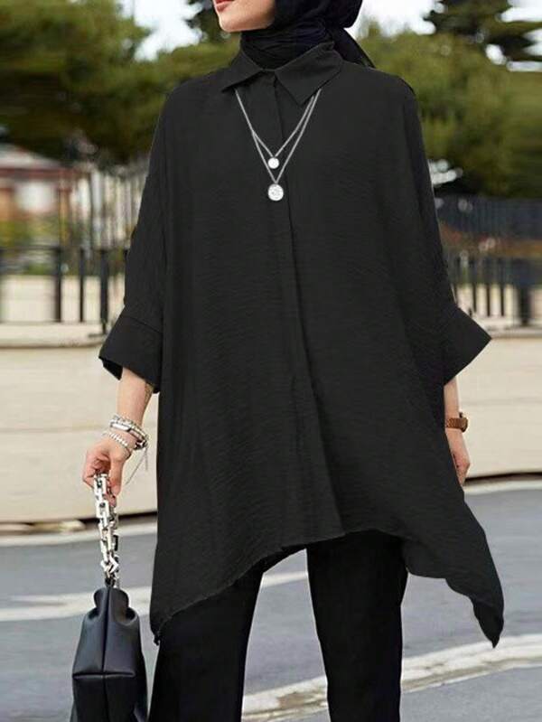 Plus Size Women's Solid Color 3/4 Sleeve Casual Asymmetrical Hem Shirt