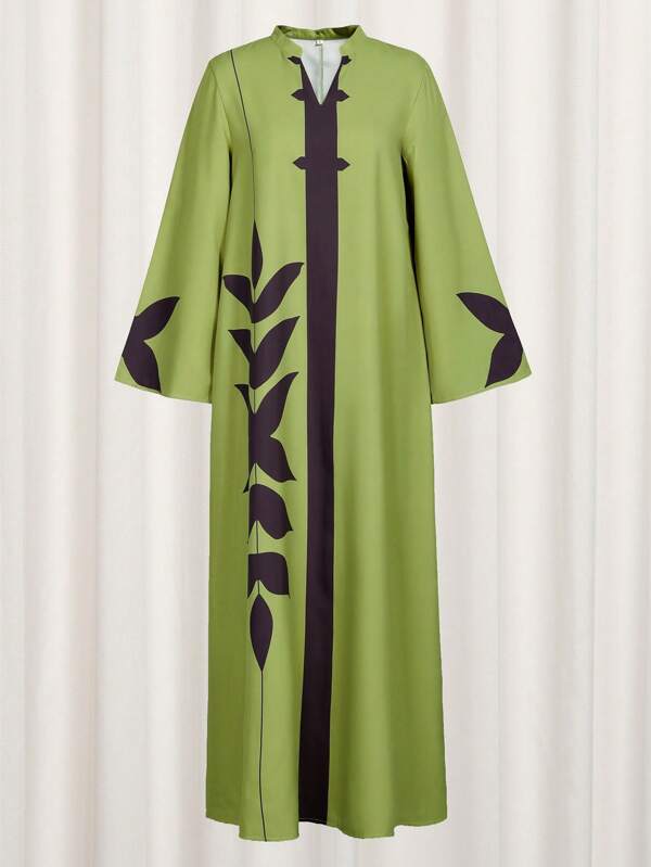 Women's Middle Eastern Dress, Long Sleeved Printed Loose Muslim Robe Dress